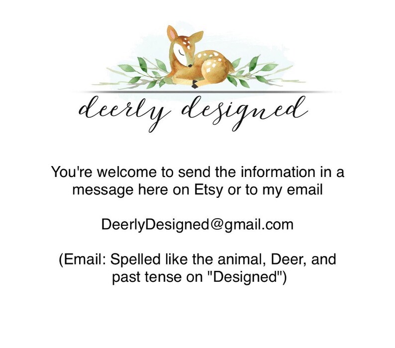 May include: A watercolor illustration of a fawn with closed eyes, lying on green leaves, above the words "deerly designed". Below, text invites inquiries via Etsy message or email at DeerlyDesigned@gmail.com.