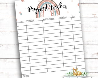 Babysitter  Payment Tracker - Childcare Tracker - Nanny Forms - Babysitting Forms - Daycare Forms - In home Daycare forms - Boho Rainbow