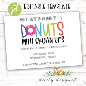 EDITABLE Donuts with Grown ups Invitation Template - Edit in your Browser - 7x5 - Donuts with Dad - Father&#39;s Day Mother&#39;s Day - Preschool
