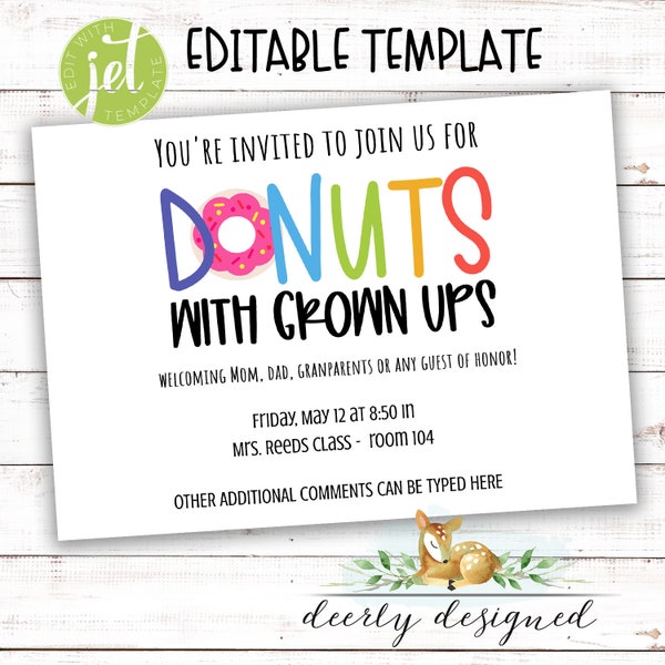 EDITABLE Donuts with Grown ups Invitation Template - Edit in your Browser - 7x5 - Donuts with Dad - Father's Day Mother's Day - Preschool