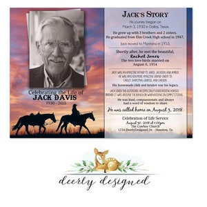 Souvenir de décès de chevaux | Programme d'enterrement de cow-boy | Carte commémorative imprimable | Nécrologie | Célébration de la vie - Ordre de service