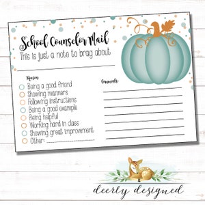 School Counselor Fall Autumn Note from the Counselor - Report - Good Report from Counselor Printable - Counselor Mail - Autumn Fall Pumpkin