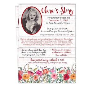May include: Two white rectangular cards with text and a vintage photo. The top card reads "Clara's Story" with details about her life, including birthdate, family, and interests. The bottom of the card features a floral border.