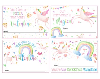 Imprimibles de tarjetas de San Valentín de unicornio y arcoíris - Descarga instantánea - Imprimible - Juego de 8 - Tarjetas de día de San Valentín de unicornio imprimibles para niños