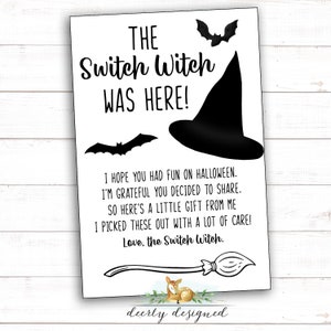 Nota de Switch Witch - Fácil de imprimir con colores mínimos - Halloween Switch Witch imprimible - Switch Witch estuvo aquí - Nota de caramelo de Halloween