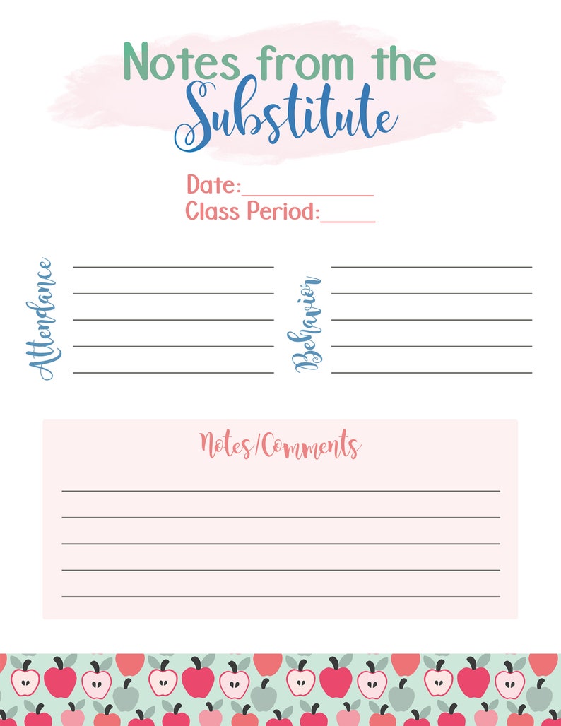 Notes from the Substitute Teacher Printable Teacher Notes Etsy