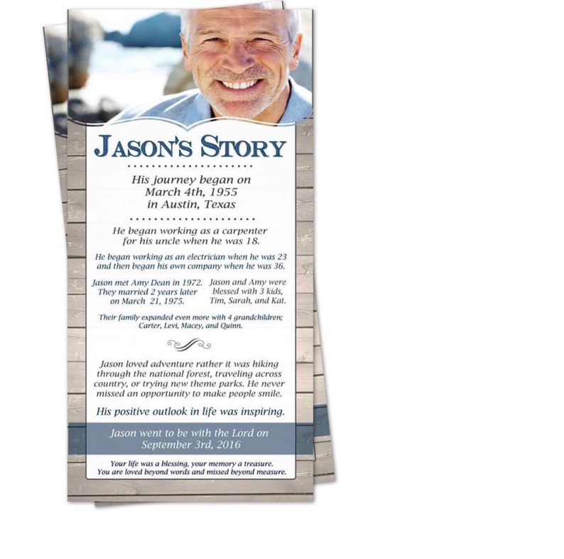May include: A stack of personalized memorial cards with the text "JASON'S STORY" and a photo of a smiling man. The cards feature a wood-grain background and details about Jason's life, including dates and family.