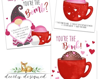 Cocoa Bomb - Hot Chocolate Bomb Printable - Valentines Day Hot Cocoa Bomb - Set of 3 Printables - Gnome Valentines Day - Instant download