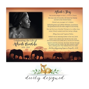 May include: A memorial card with a black and white photo of a woman, a sunset landscape with silhouettes of elephants, and the text "Celebrating the Life of Ashanti Mandela 1978-2019" and "Ashanti's Story". The text describes Ashanti's life and her journey.