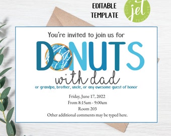 EDITABLE Donuts with Dad Invitation Template - 4x6 Donuts with Dad Father&#39;s Day Party - Father&#39;s Day - Invitation - JetTemplate Editable