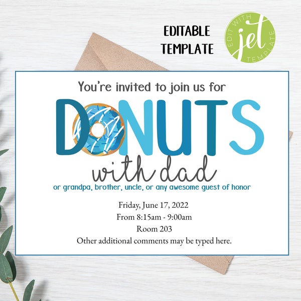 EDITABLE Donuts with Dad Invitation Template - 4x6 Donuts with Dad Father's Day Party - Father's Day - Invitation - JetTemplate Editable