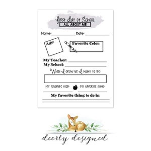 First Day Of School About Me Worksheet - Teacher Printable - PDF Instant Download - Not Editable Template