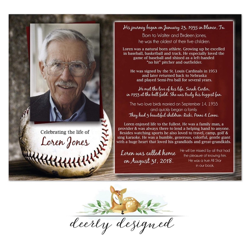 Baseball theme Funeral Program Printable Memorial Card Etsy