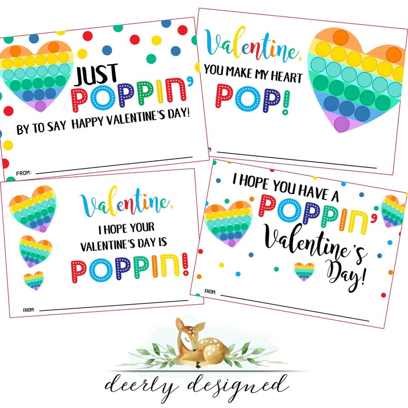 May include: Four Valentine's Day cards with colorful heart-shaped designs and the words "Just Poppin'", "You Make My Heart Pop!", and "I Hope Your Valentine's Day Is Poppin'!" The cards have a white background with colorful polka dots.