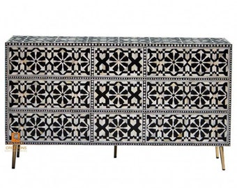 Handmade Bone Inlay Wooden Modern Pattern Sideboard with 9 Drawer Furniture