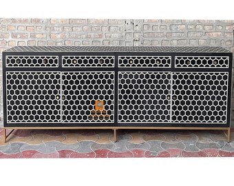 Handmade Bone Inlay Wooden Modern Floral Pattern Sideboard with 4 Drawer and 4 Door Furniture