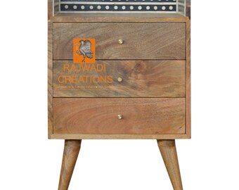Handmade Bone Inlay Wooden Modern Fish Scale Pattern Bedside Nightstand Furniture with 1 Drawer and 1 Door .