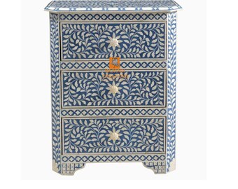 Handmade Bone Inlay Wooden Modern Fish Scale Pattern Bedside Nightstand Furniture with 1 Drawer and 1 Door .
