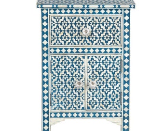 Handmade Bone Inlay Wooden Modern Fish Scale Pattern Bedside Nightstand Furniture with 1 Drawer and 1 Door .