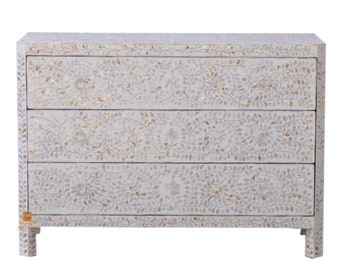 Handmade Mother of Pearl Wooden Modern Floral Pattern Sideboard with 3 Drawer Furniture