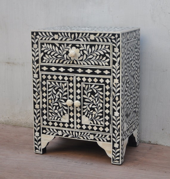Black Bone Inlay Floral One Drawer Two Door Bedside Table Etsy