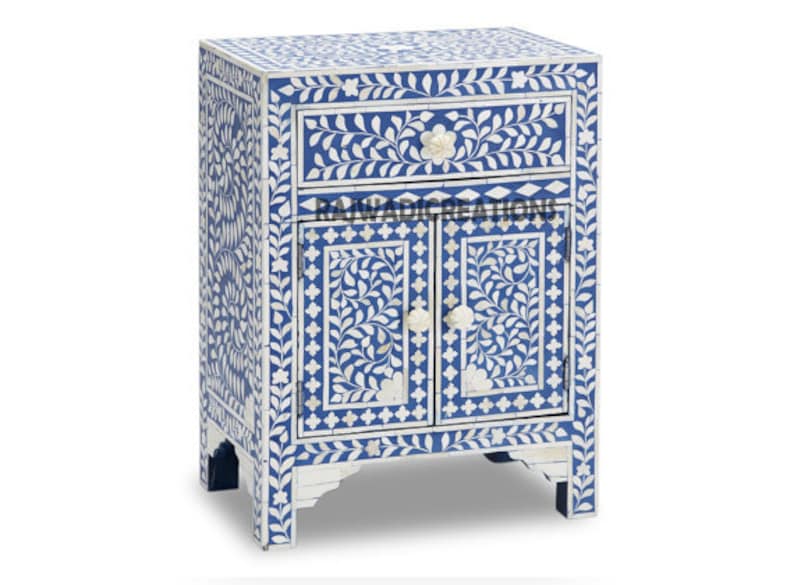 Blue Bone Inlay Wooden Modern Antique Handmade Bed Side Table 2 Drawer