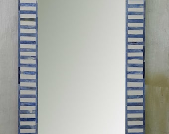 Handmade Bone Inlay Wooden Modern Striped Pattern Mirror Frame Perfect Gift For Your Valentine.