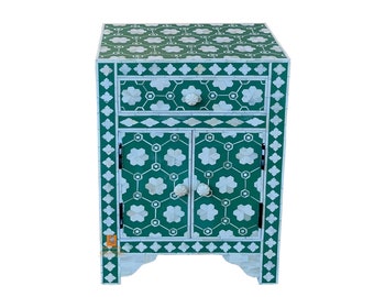 Handmade Bone Inlay Wooden Modern Floral Pattern Bedside/Sidetable/Nightstand with 2 Door 1 Drawer Furniture