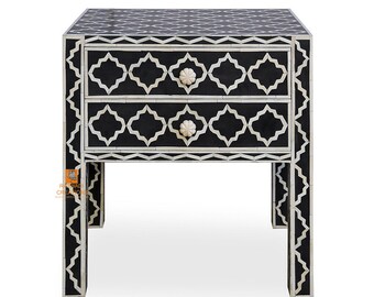 Handmade wooden Bone Inlay modern Pattern Bedside/Sidetable/Nightstand with 2 Drawer Furniture