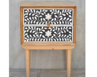 Handmade wooden Bone Inlay Floral Pattern Bedside/Sidetable/Nightstand with 2 Drawer Furniture