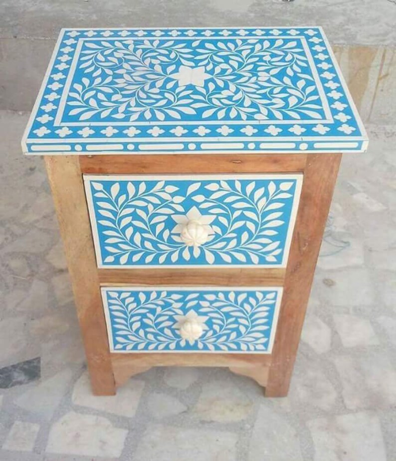 Blue Bone Inlay Floral Two Drawer Bedside Table Handmade