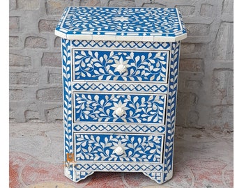 Handmade Bone Inlay Wooden Modern Floral Pattern Bedside/Sidetable/Nightstand with 3 Drawer Furniture