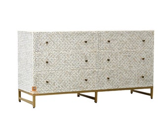 Handmade Bone Inlay Wooden Modern Pattern Sideboard with 6 Drawer Furniture