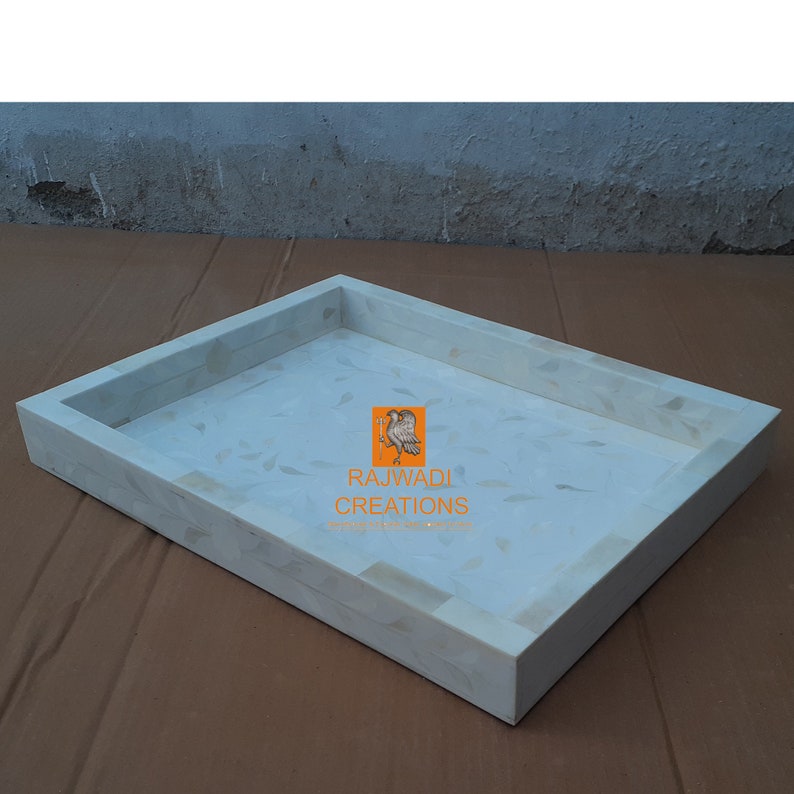 Handmade Bone Inlay Wooden Modern Geometric Eye Pattern Serving Tray Furniture