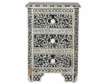 Handmade Bone Inlay Wooden Modern Floral Pattern Bedside/Sidetable/Nightstand with 3 Drawer Furniture