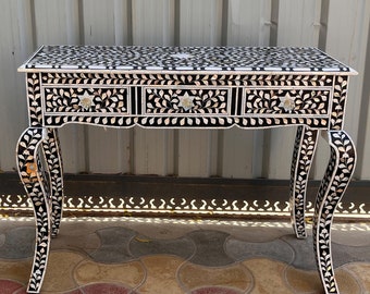 Handmade Mother of Pearl Inlay Wooden Modern Floral Pattern Console Table Furniture with 3 Drawer Furniture