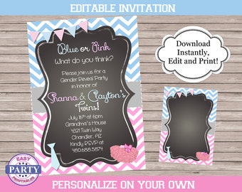 He or She Gender Reveal Invitation, or Tutu and Tie Party, you choose the wording, baby shower, birthday, pink and blue, editable invitation