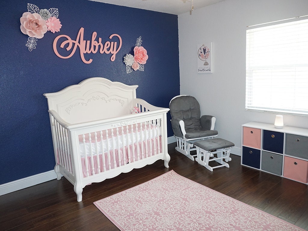 Navy Blue Girls Nursery Wooden Nursery Name Sign Custom Wood