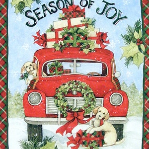 Season of Joy large Christmas fabric Panel-36&quot; x44&quot;-Country-Springs Creative-Susan Winget-Puppies-Red truck with gifts