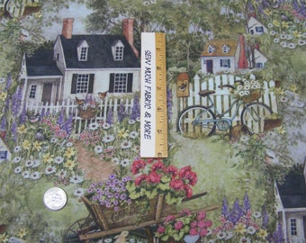 Country Picket Fence Bicycle Flowers Cotton Fabric Primrose Lane By The Yard 