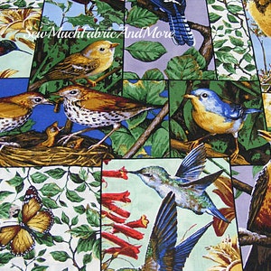 May include: A colorful fabric featuring a patchwork design with various birds and butterflies. The birds are depicted in a variety of poses, including flying, perched on branches, and building nests. The butterflies are shown in flight and landing on leaves. The fabric is a vibrant mix of greens, blues, yellows, and reds.