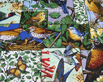 Backyard Birds Collage Patch Fabric-by the yd & 1/2 yd-Cardinals-Bluejays-Robins-baby birds-butterflies-cotton