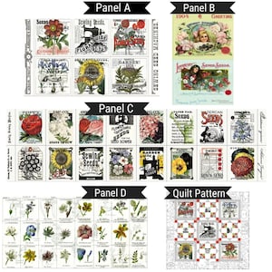 May include: A collage of vintage seed packet designs and a quilt pattern. The seed packets feature floral illustrations, text, and the words "Seeds" and "Sewing Seeds." The quilt pattern incorporates similar imagery.