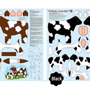 Mama & Calf soft sculpture cow Dolls Cut Sew N Stuff-2 selections-black or-Brown-Farm Animals-Quilting Treasures-cotton-fabric panel