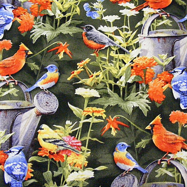 Fine Feathered Friends Scenic Fabric~By the yard~Cardinals~Blue jays~Old Watering Cans~Floral~Wild Wings~Birds~Redbirds