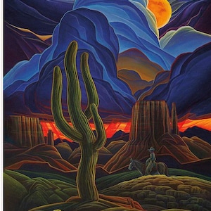 May include: A vibrant painting of a desert landscape at sunset. A large saguaro cactus stands in the foreground, with a cowboy on horseback in the distance. The sky is filled with shades of blue, orange, and red.