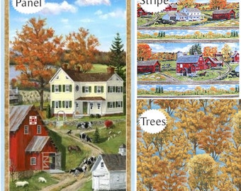 Autumn Grove fabric-by the large panel-1/2 yd & yard-3 selections-Country farm-cows-trees-Wilmington Prints-cotton