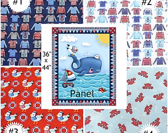 A Whale of A Time Fabric-5 selections-by 1/2 yard & yard-panel-cotton-nautical-crabs-sailor seagulls-t-shirts