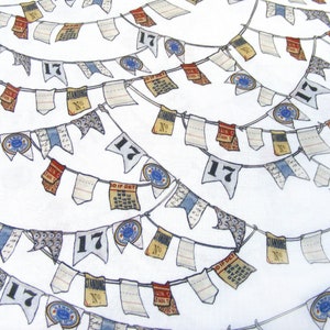 May include: A white background with a string of bunting flags. The flags are made of different materials and have various designs. Some flags have the number 17 printed on them. The bunting is in a repeating pattern.