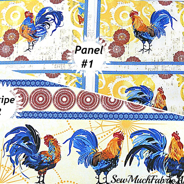 French Country Bright & Early Rooster Fabric~Panel~23" x 44"and coordinating stripe- Wilmington Prints~Roosters